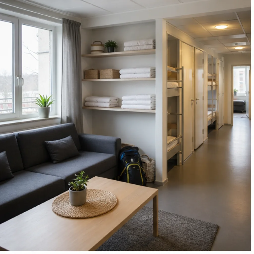 Ljust gemensamt vardagsrum med soffa och bagage i ett enkelt gruppboende