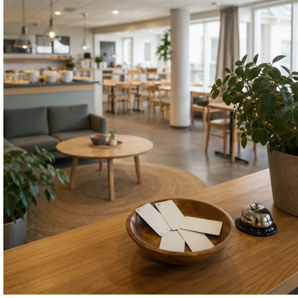 Ljus hotellobby med sittplatser och receptionsklocka för gruppens incheckning