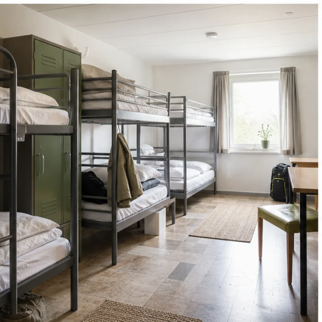 Våningssängar och packade ryggsäckar i ett ljust hostelrum för skolklass