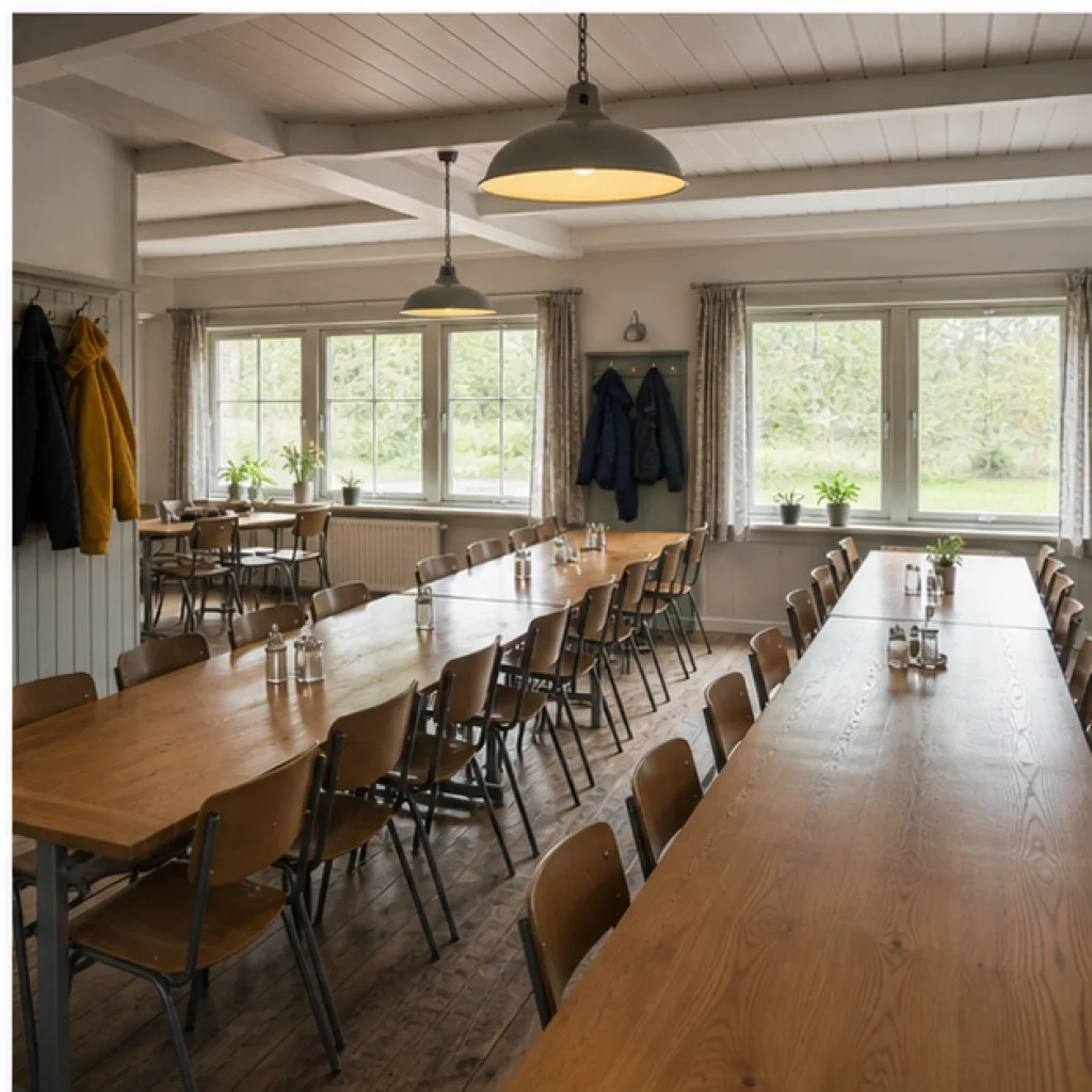Stor gemensam matsal med långbord i en lägergård