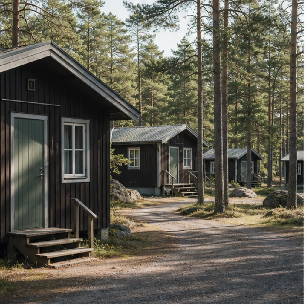 Små mörka stugor längs en skogsväg i en naturnära stugby