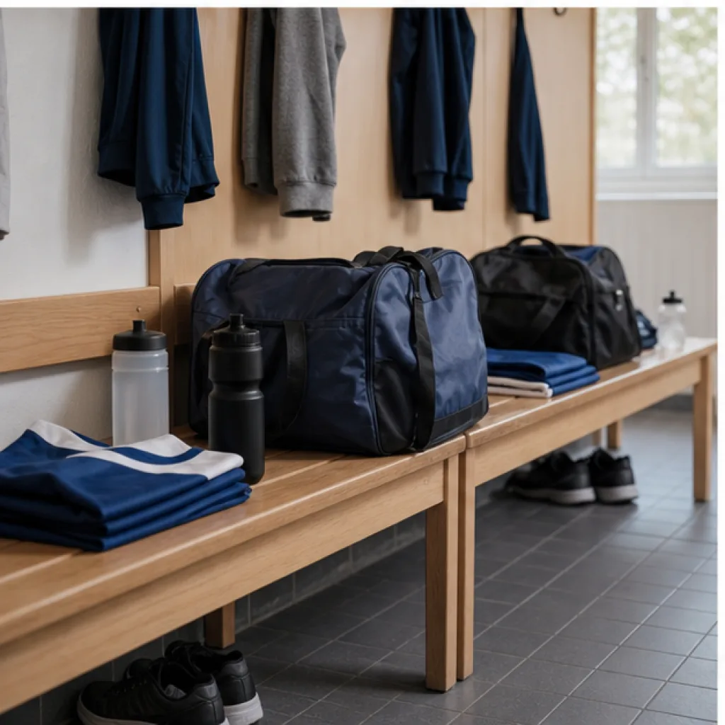 Träningsväskor, vattenflaskor och utrustning står klara i ett omklädningsrum