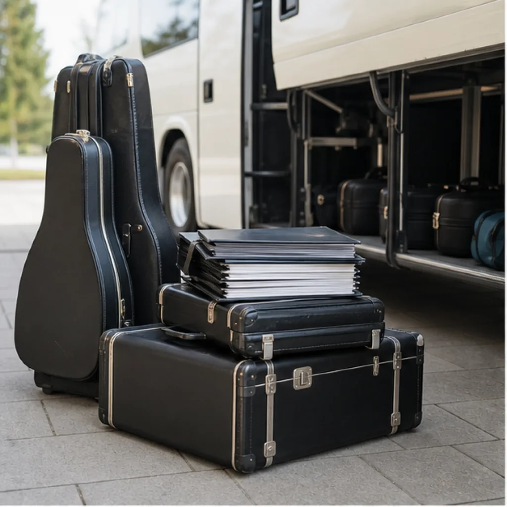 Instrumentväskor lastas i bussens bagageutrymme inför en musikresa