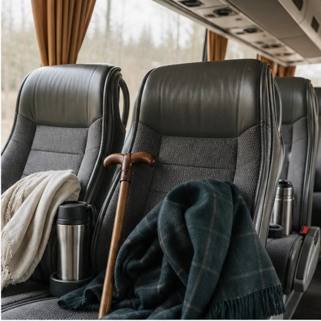 Bekväma bussäten med filt och termos för en seniorresa i grupp