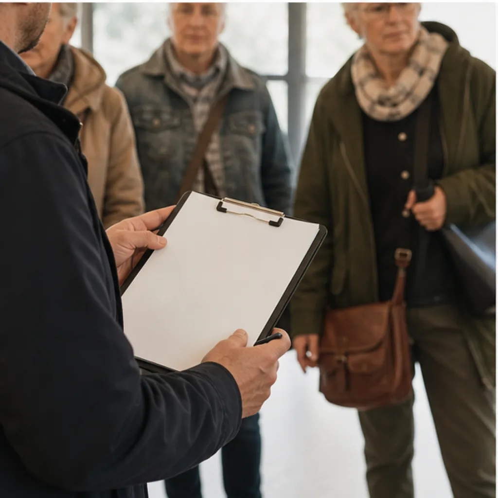 Reseledare med skrivplatta samlar en grupp inför avfärd
