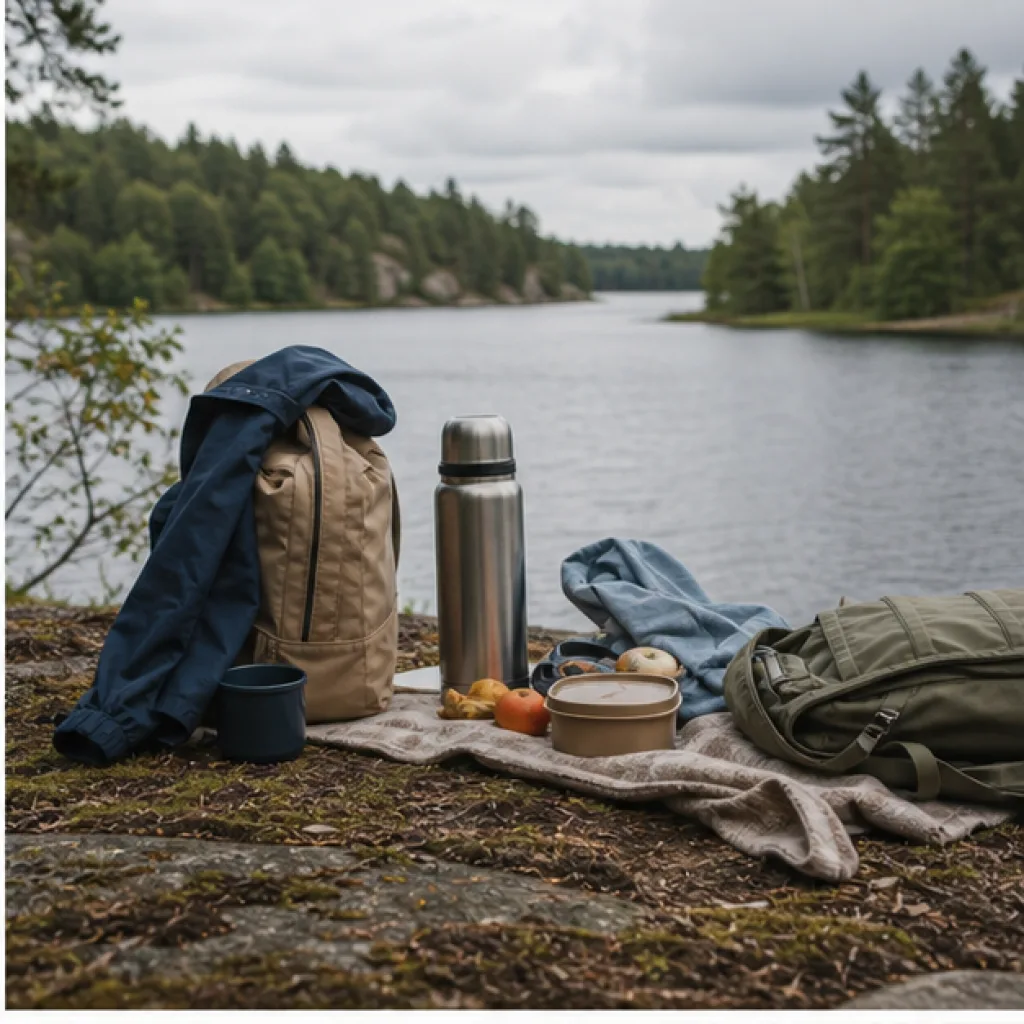 Packning, karta och termos vid en svensk sjö inför klassresan