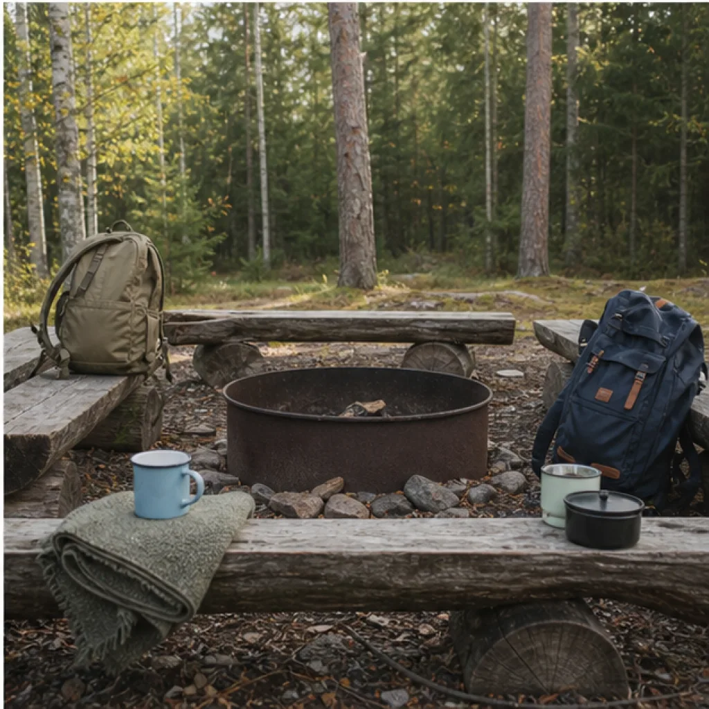 Ryggsäckar och friluftsutrustning vid en lägereld i skogen