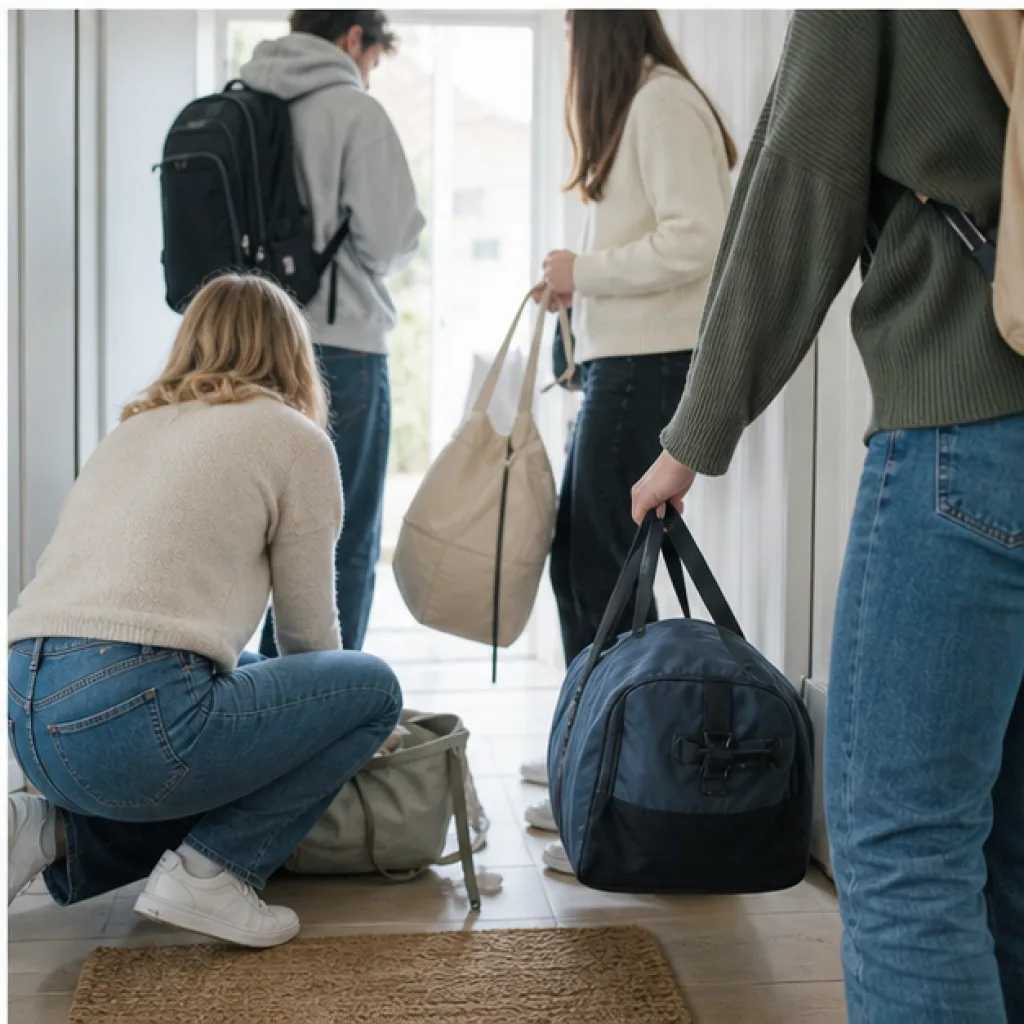 Unga resenärer bär väskor ut från skolan inför studentresan