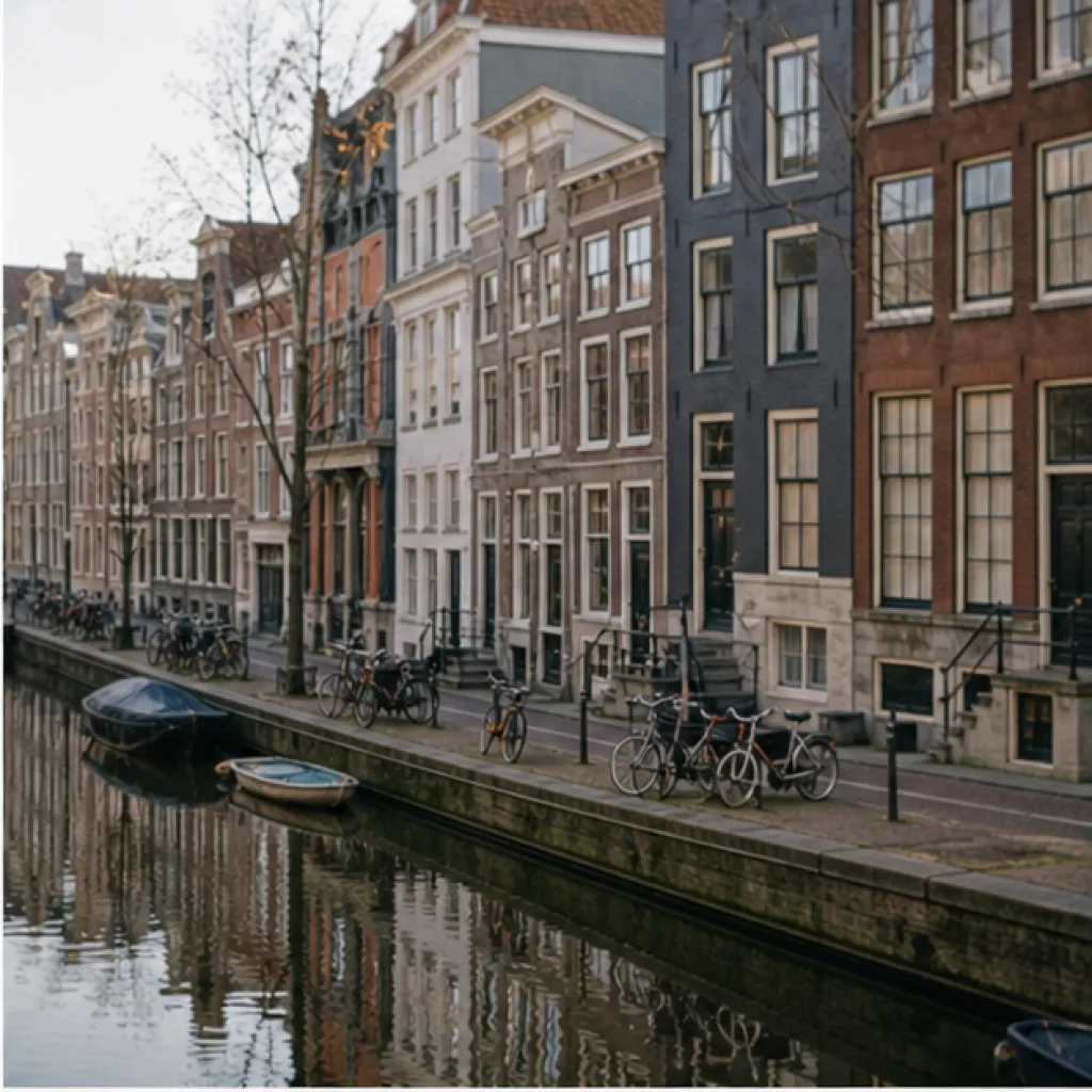 Kanal, cyklar och smala tegelhus i centrala Amsterdam