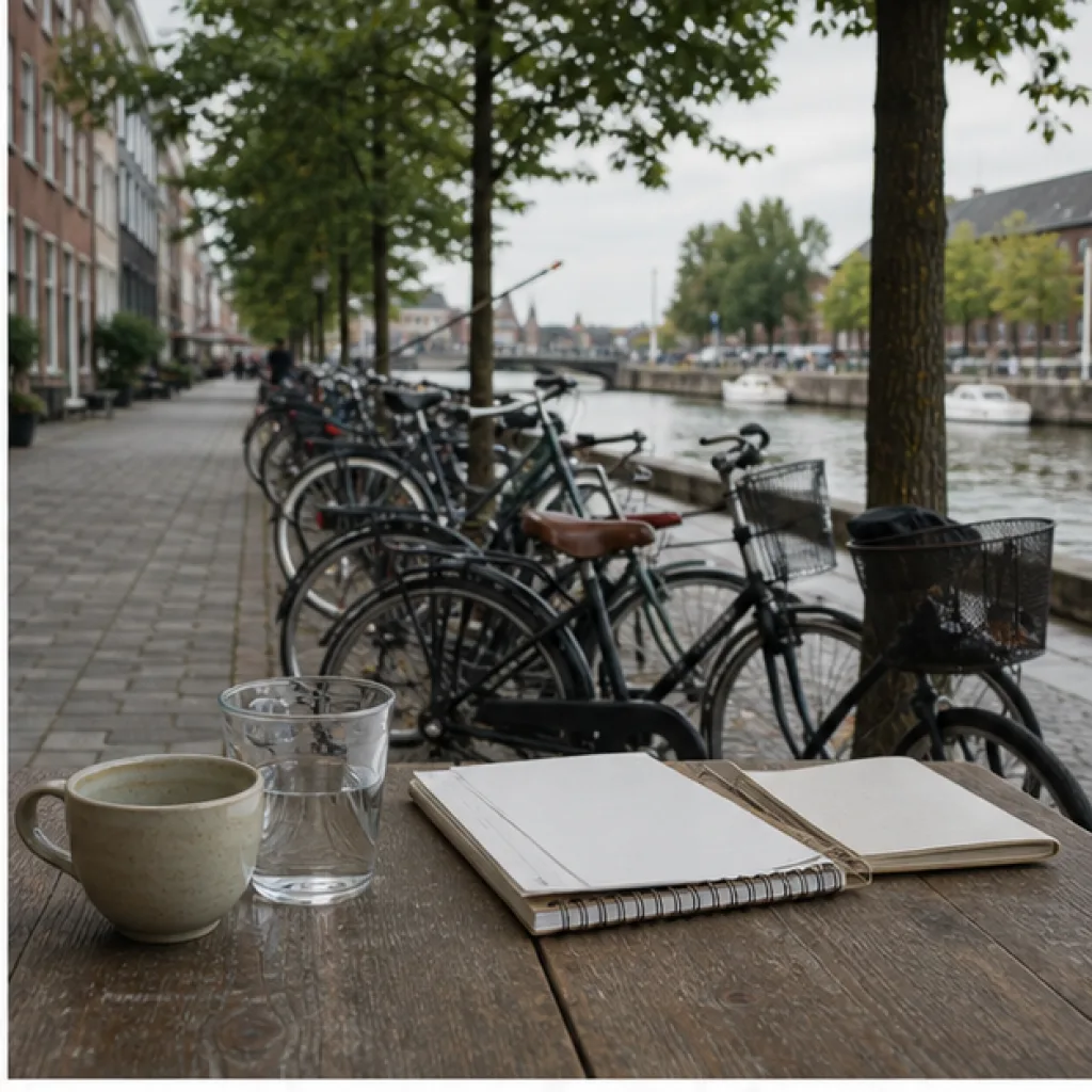 Cyklar längs en kanal vid ett kafé i Köpenhamn