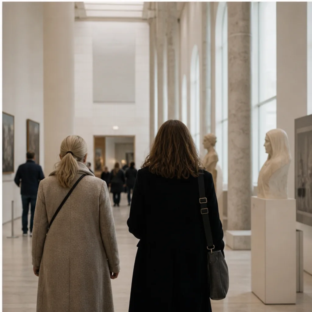 Skolgrupp går genom en ljus museisal i London