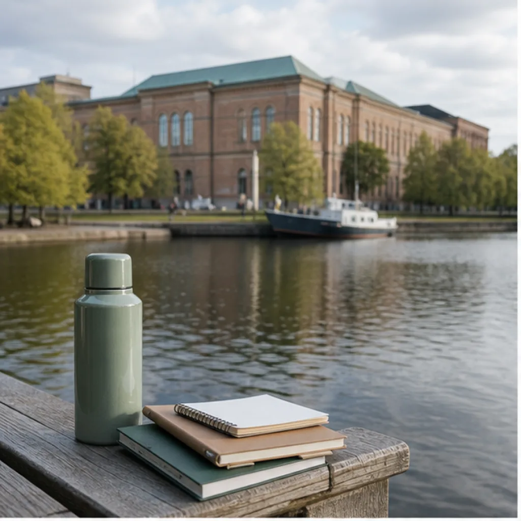 Anteckningsböcker vid Stockholms vatten med stadshuset i bakgrunden