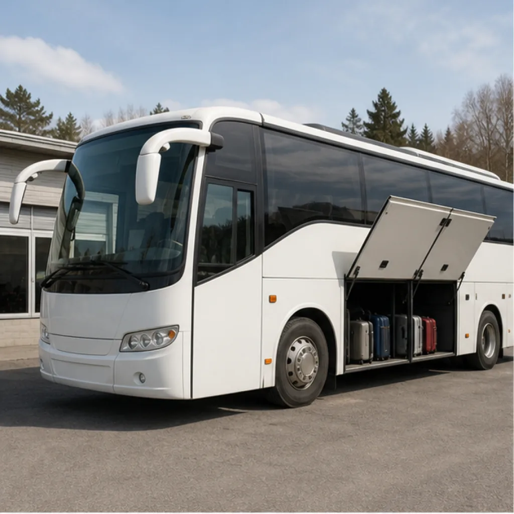 Turistbuss med öppet bagageutrymme redo för en gruppresa