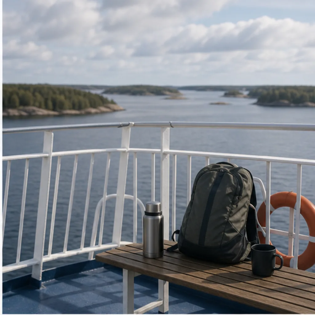 Ryggsäck och termos står på färjedäck med skärgården i bakgrunden