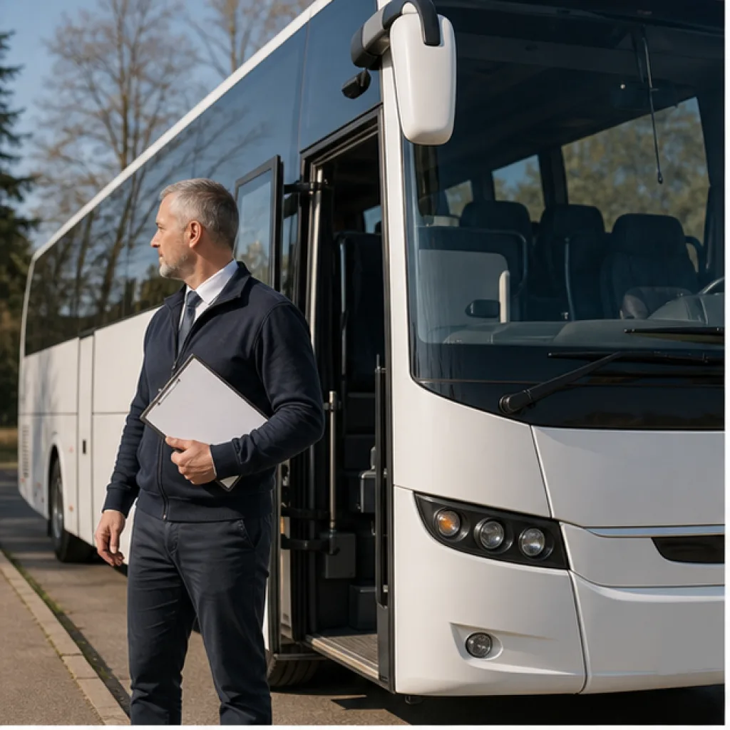 Busschaufför med körunderlag står bredvid en hyrd turistbuss
