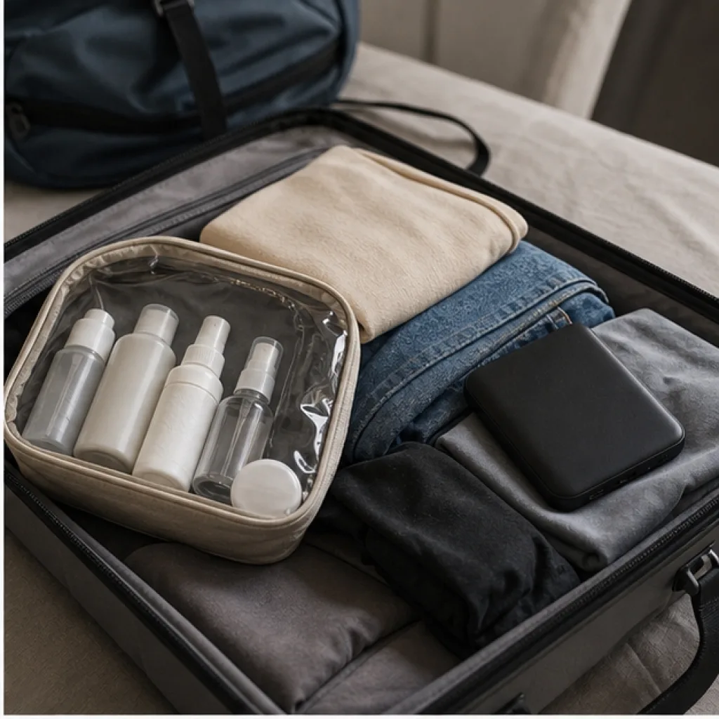 Genomskinlig necessär med små vätskebehållare packas i handbagaget