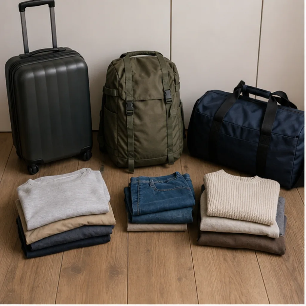 Resväska, ryggsäck, sportbag och vikta kläder jämförs inför skolresan