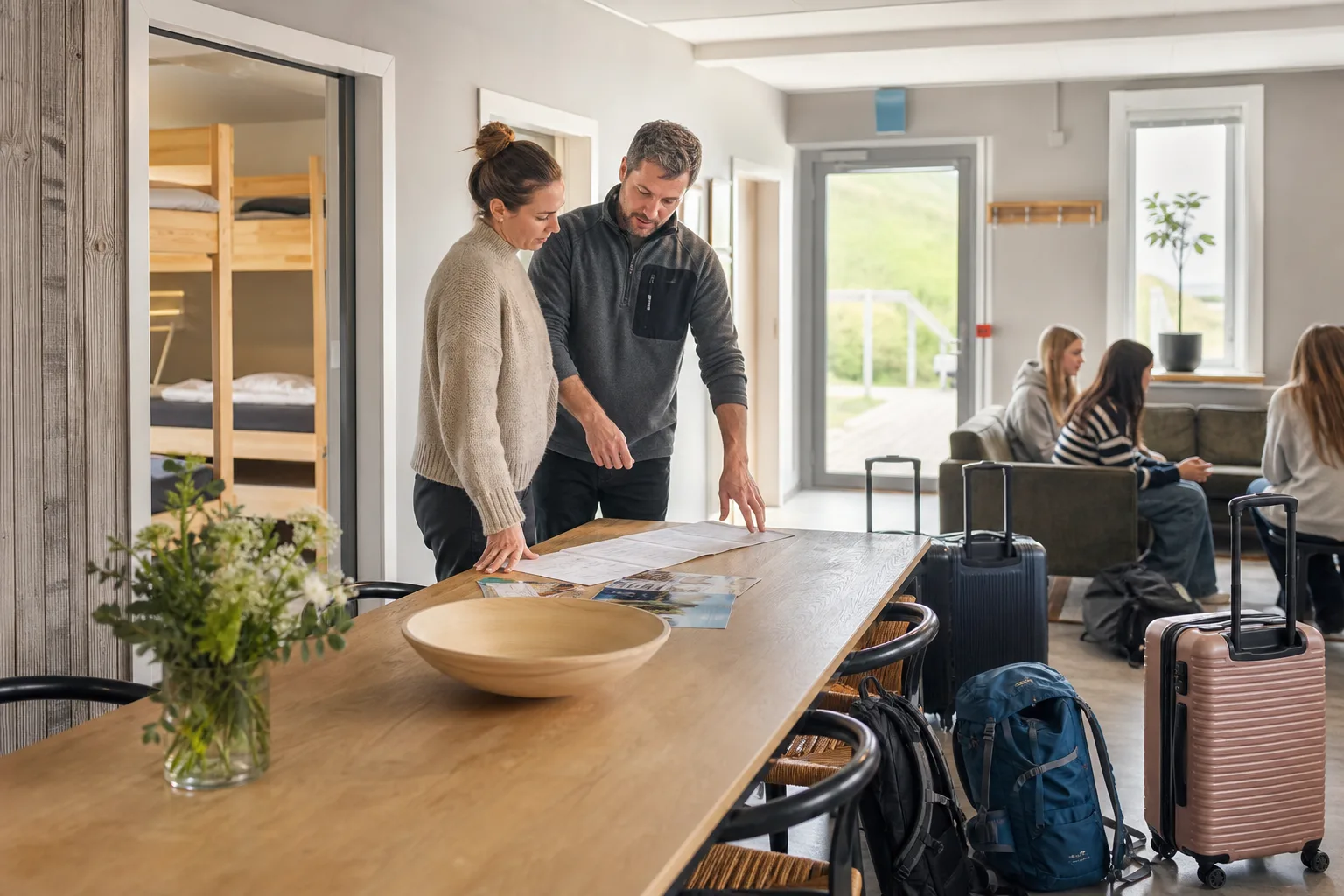 Gruppledare fördelar rum i ett vandrarhem med våningssängar och bagage