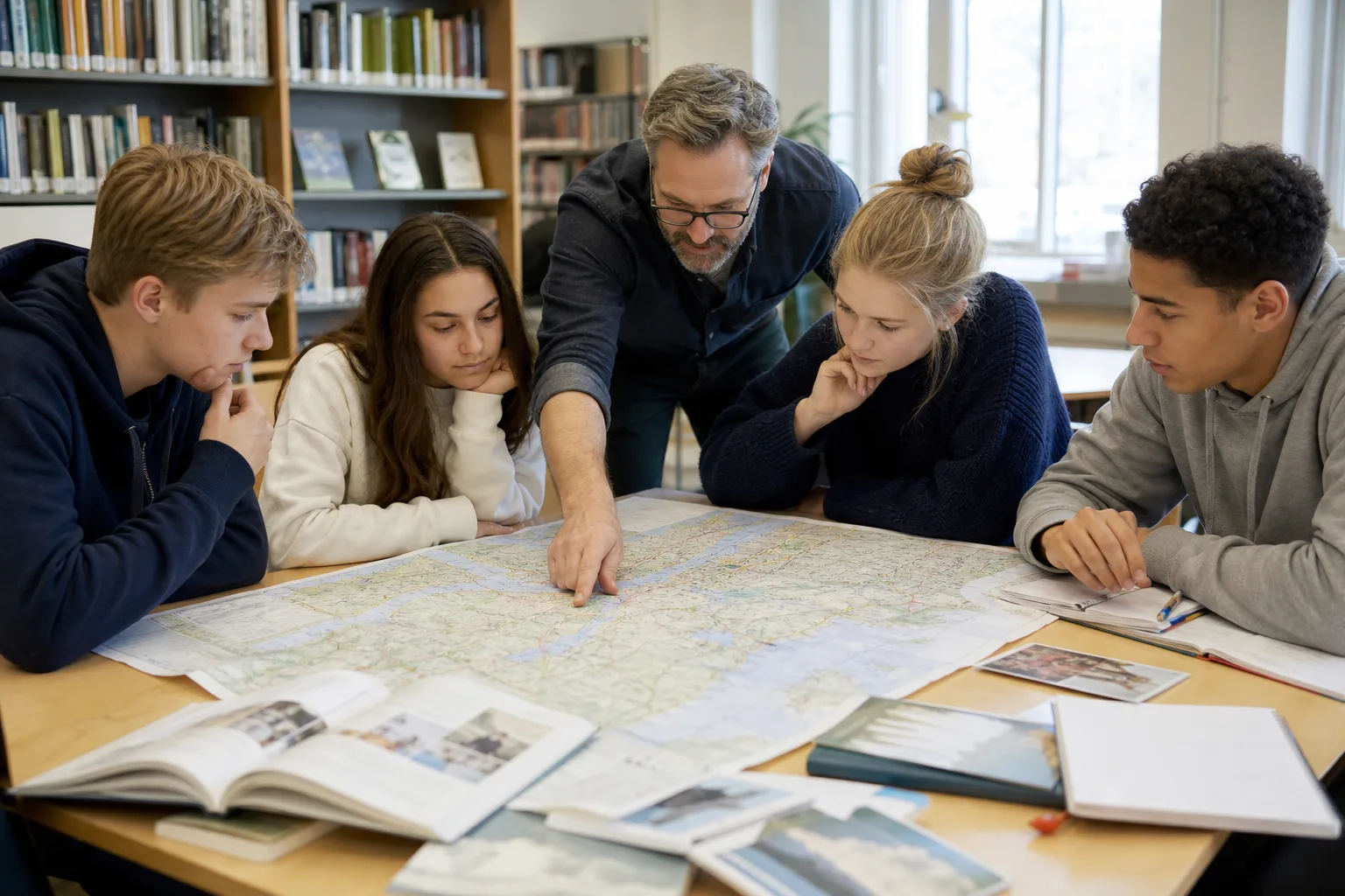 Lärare och elever planerar klassresans rutt tillsammans vid en karta
