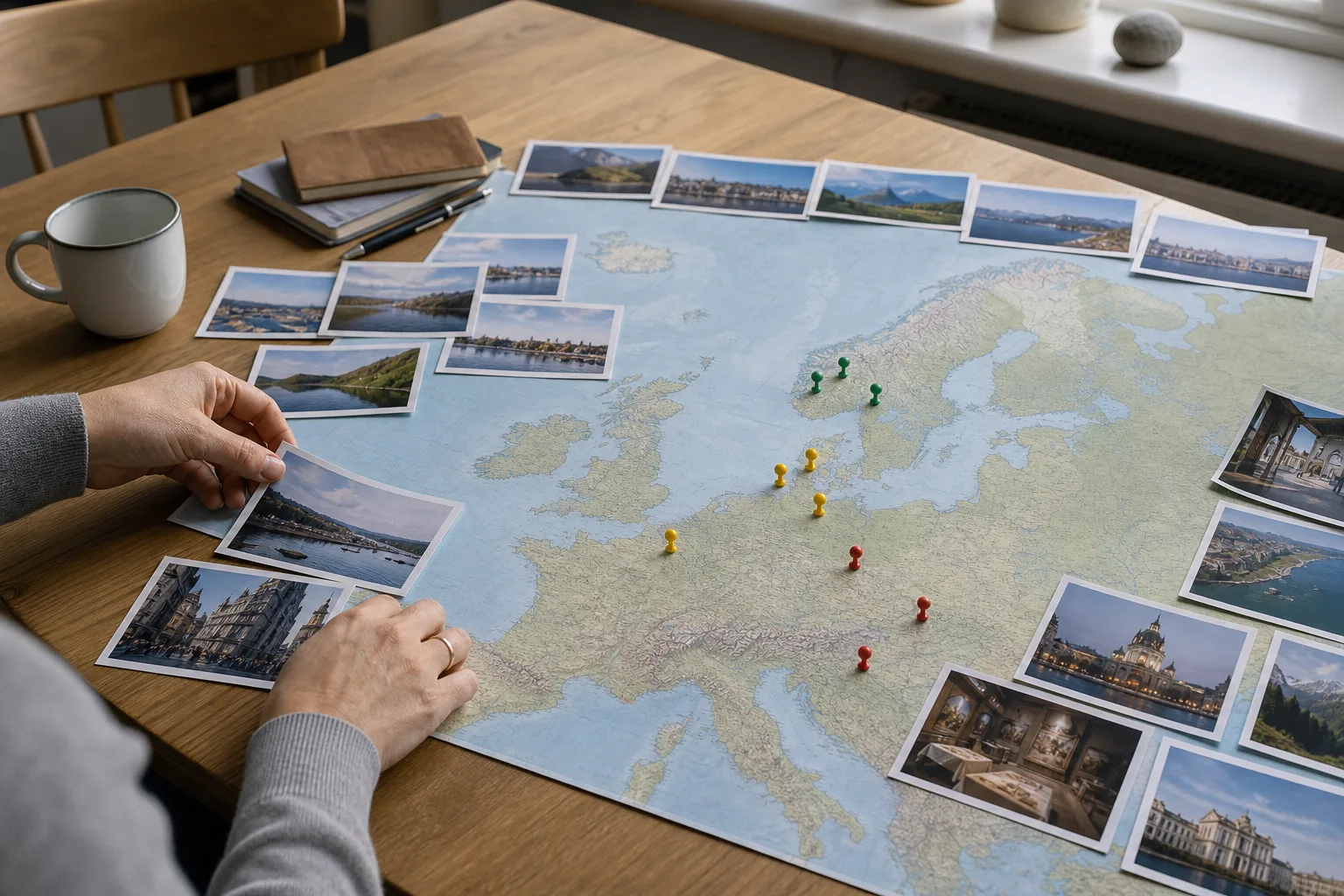 Europakarta med resmål markerade bland vykort och planeringsmaterial