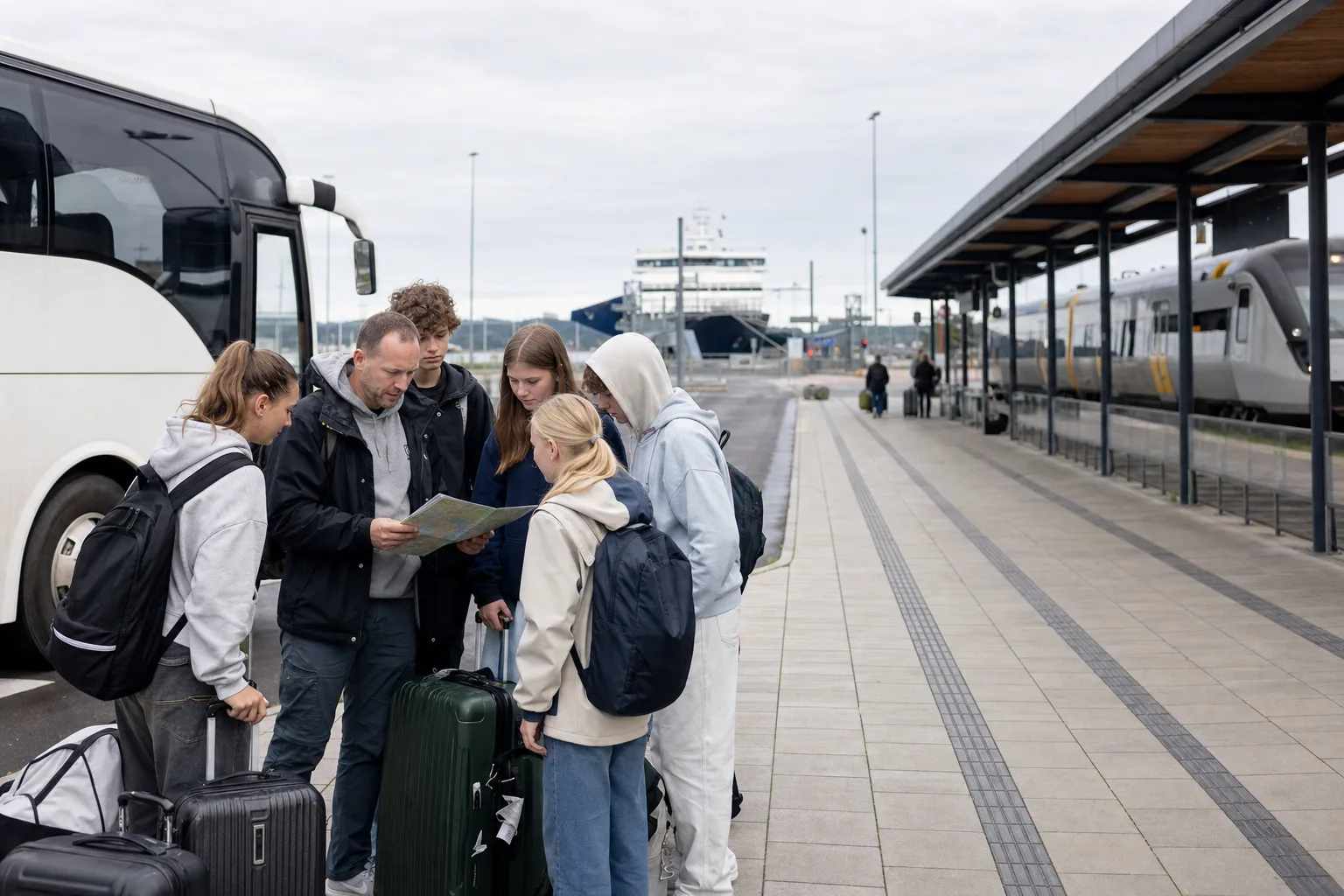 Skolgrupp jämför buss, tåg och färja vid en reseterminal
